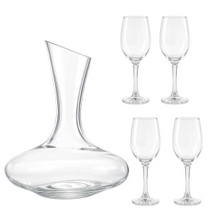 Transparentes 5-teiliges Weingläser Set mit Dekanter. Enthält 4 Stielgläser und eine Karaffe für Wein und Aperitif.