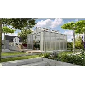 Vitavia Gewächshaus Zeus Comfort 10000 mit Alu-Rahmen und geöffneter Tür im Garten.