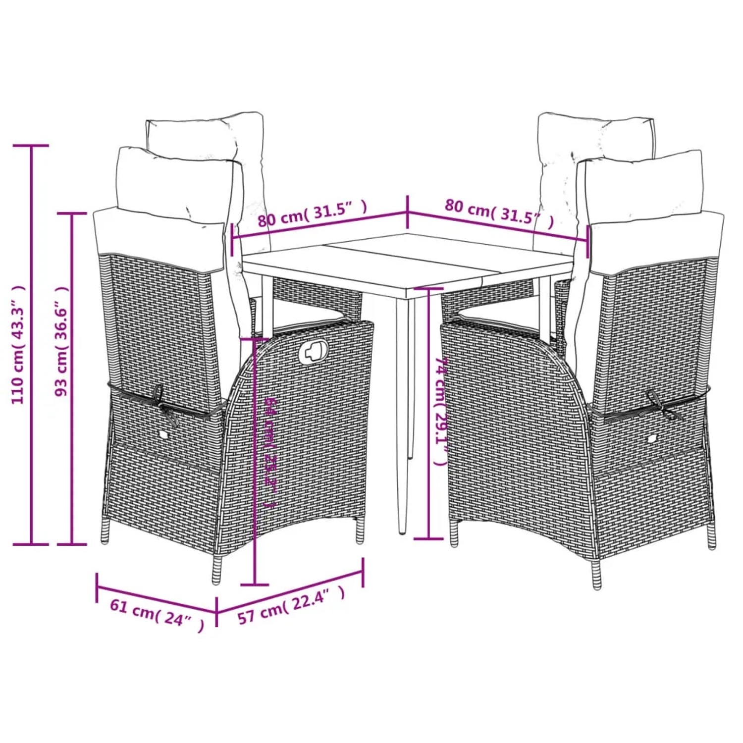 vidaXL 5-tlg. Garten-Essgruppe mit beigen Polyrattan-Stühlen und Tisch mit Glasplatte.