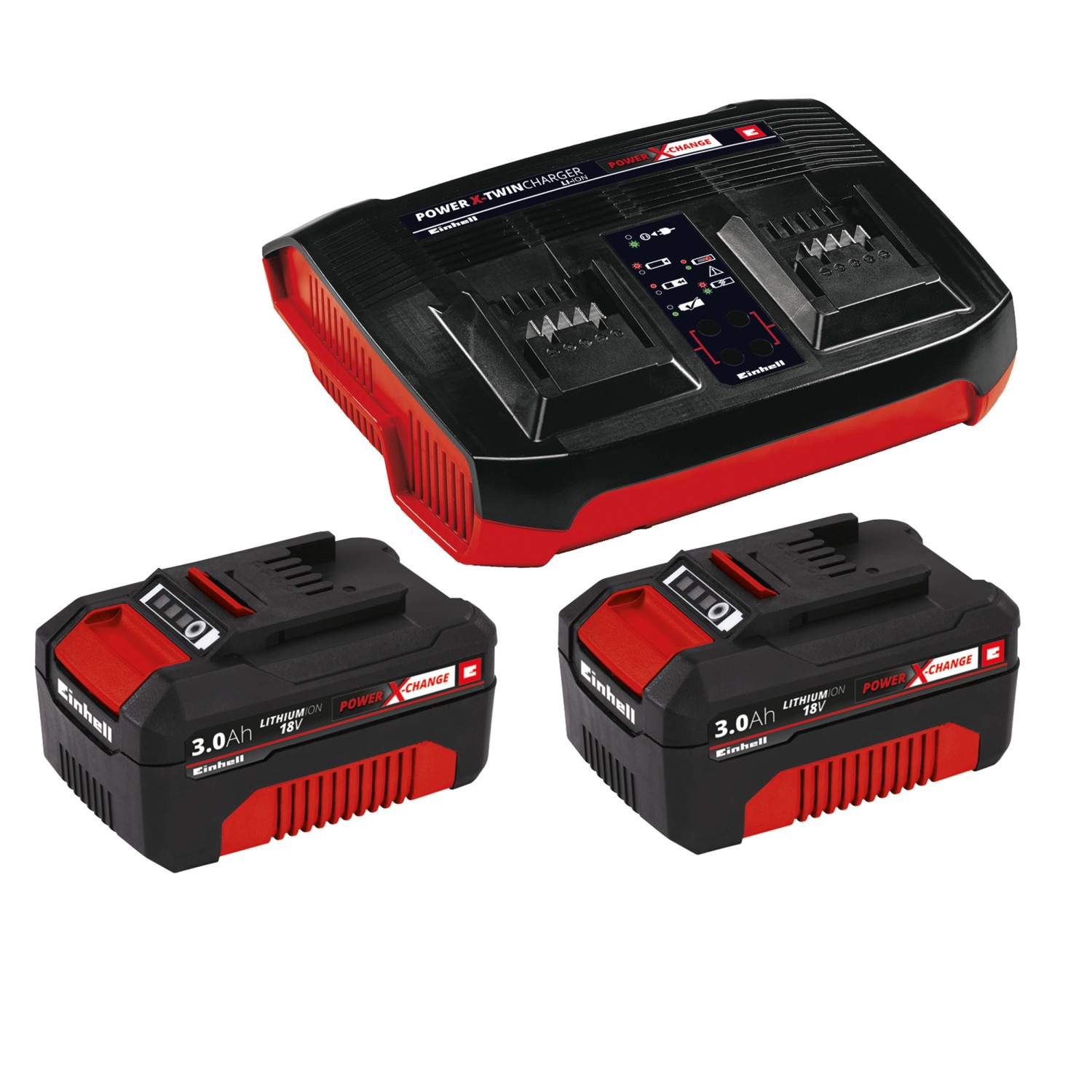 Einhell Akku-Sense Agillo: Akku-Ladegerät mit zwei 3,0 Ah Power X-Change Akkus in Schwarz und Rot.