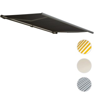 Elektrische Kassettenmarkise, 4x3m, anthrazitfarbenes Polyestertuch, grauer Rahmen. Verschiedene Stoffmuster verfügbar.