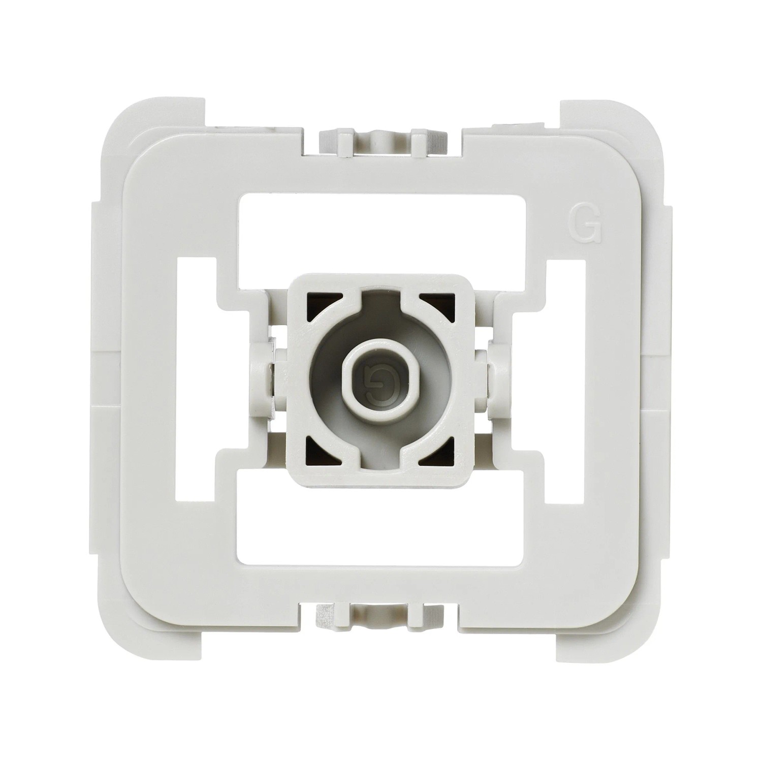 Homematic IP Adapter Gira 55, hellgraues quadratisches Kunststoffteil mit zentraler Öffnung zur Schalterintegration in Hausautomation.