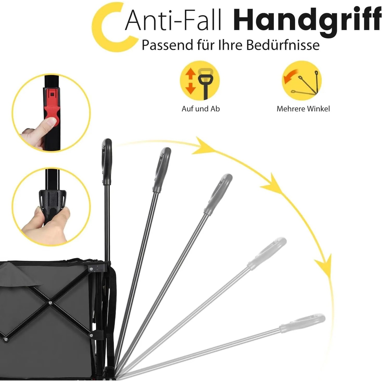 Sekey Bollerwagen: Detailansicht des verstellbaren Anti-Fall-Handgriffs für Camping & Freizeit.