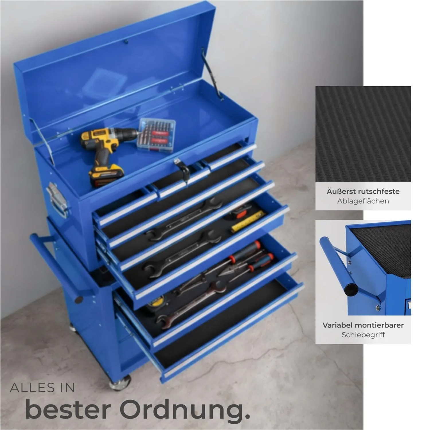 Tectake Werkzeugwagen  8 Kugelgelagerte Schubladen Mit Antirutschmatten Belastbarkeit 150 kg  69 x 33 x 110 cm Blau_5