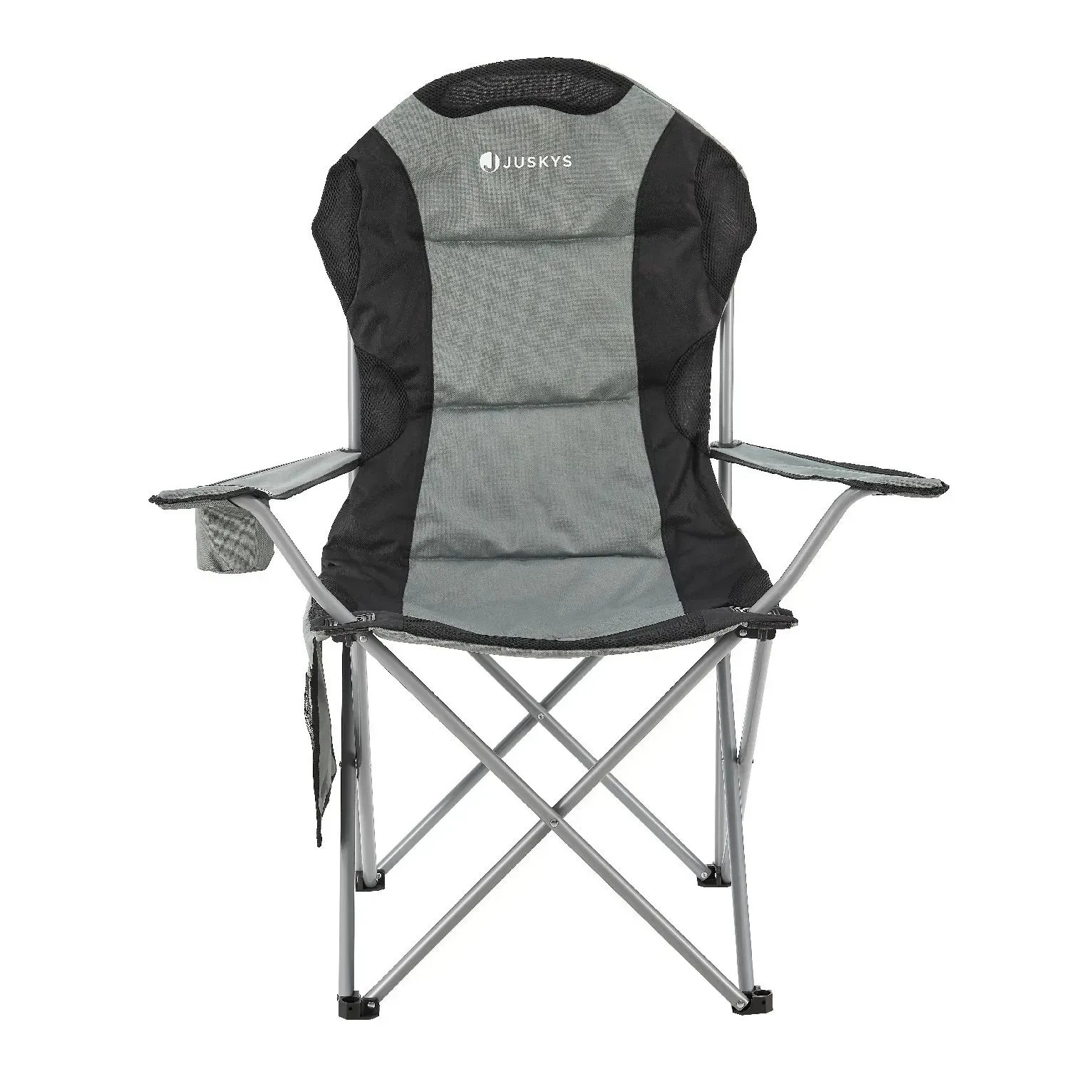 Grauer Juskys Campingstuhl Lido mit Getränkehalter und Tragetasche.