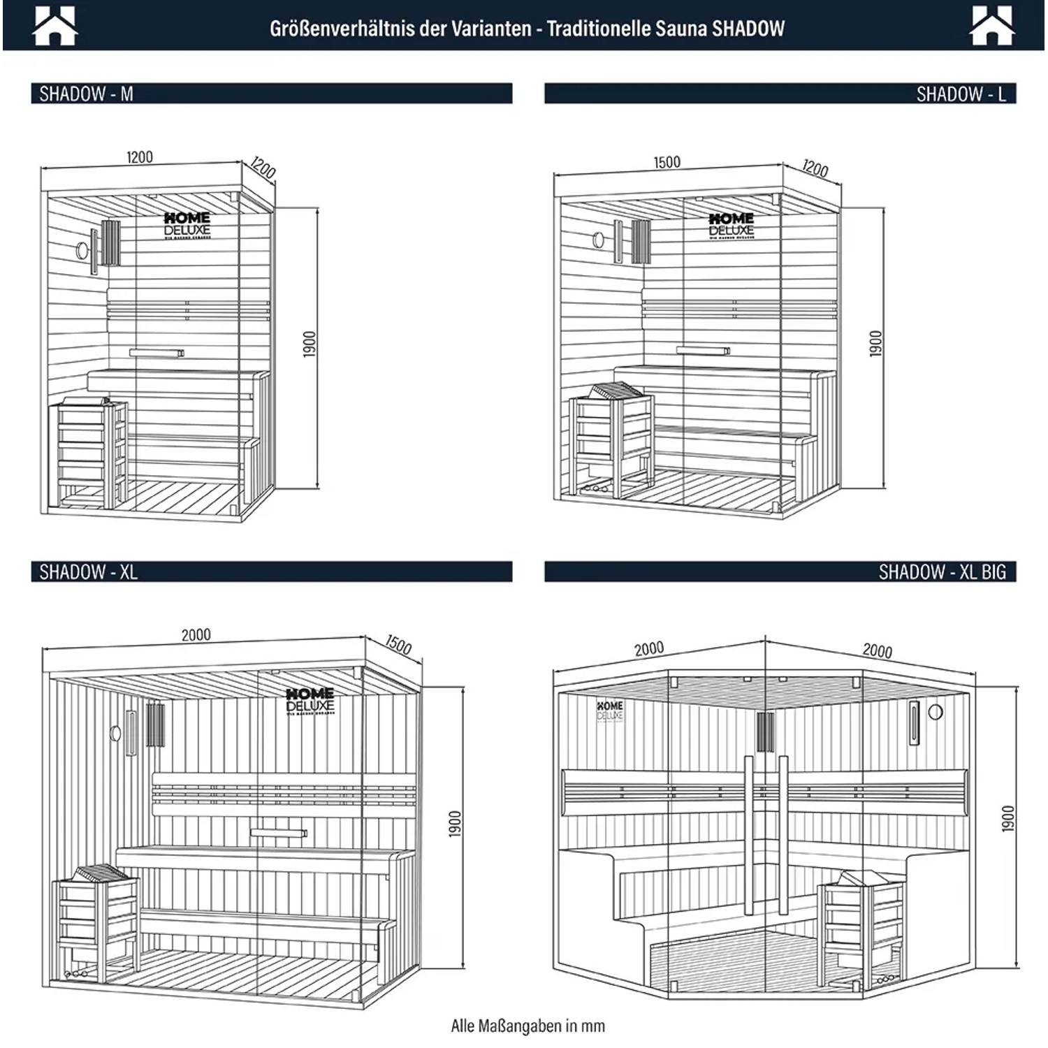 Skizze der Home Deluxe Sauna SHADOW BIG XL, Größenvergleich der Varianten M, L, XL, XL BIG.