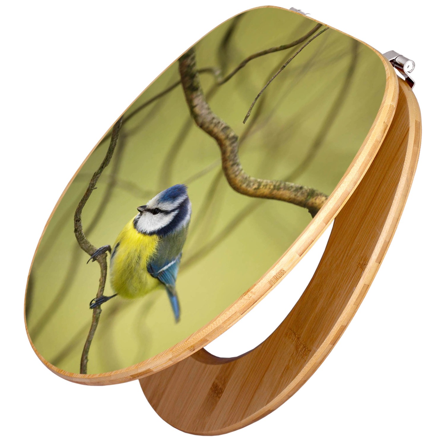 Banjado WC-Sitz aus Bambus mit Blaumeise-Motiv. Toilettendeckel aus Holz mit Universal Scharnieren.