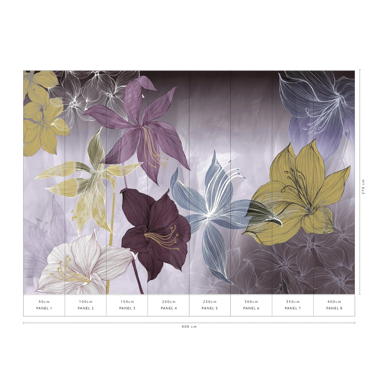 Erismann Fototapete ELLE Decoration AMARYLLIS violett mit floralem Muster.