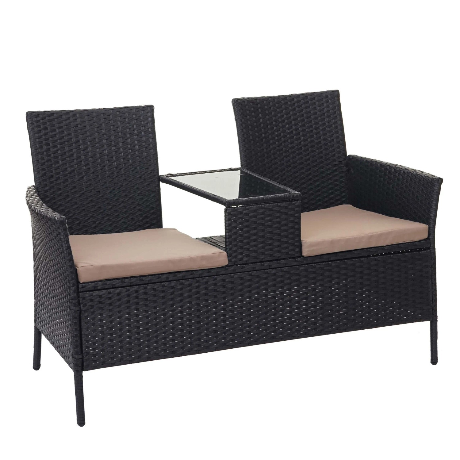 PROREGAL Poly-Rattan Sitzbank Mit Tisch Gartenbank Sitzgruppe Gartensofa 132cm Schwarz Kissen Creme