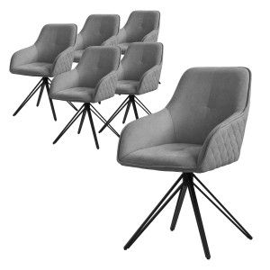 ML-Design Esszimmerstühle, 6er Set, grau, Webstoff, Drehstühle mit Armlehne und schwarzem Metallfuß.