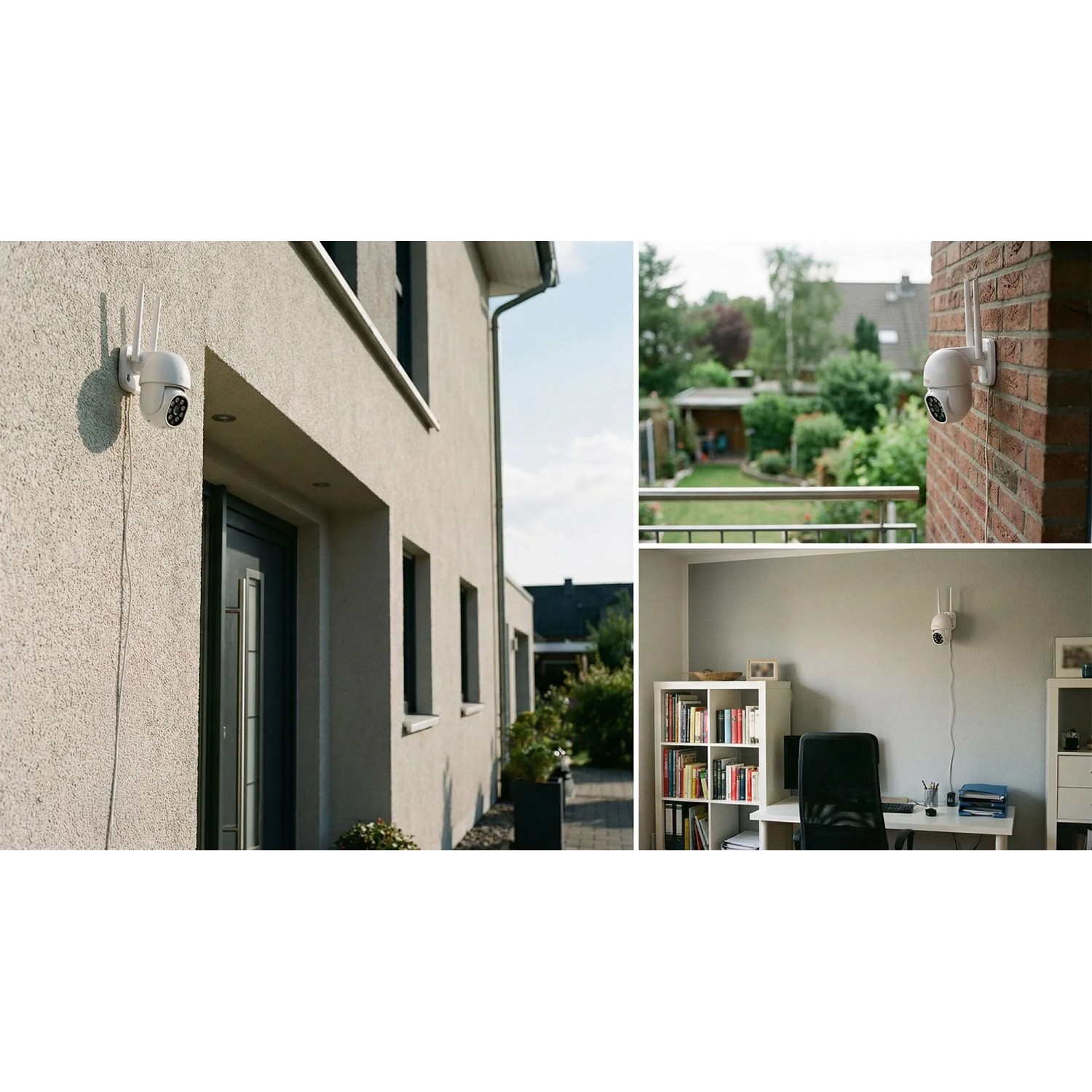 Weiße Technaxx Mini PT Outdoor-Kamera TX-390 mit Antennen, montiert außen an Hauswand und innen über Schreibtisch.
