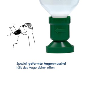 Augenspülflasche mit Natriumchloridlösung und Augenmuschel für effektiven Augenschutz.