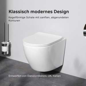 Modernes weißes Wand-WC Set mit geschlossener Toilette und Bürstenhalter. Minimalistisches Design für Bad & Gäste-WC.