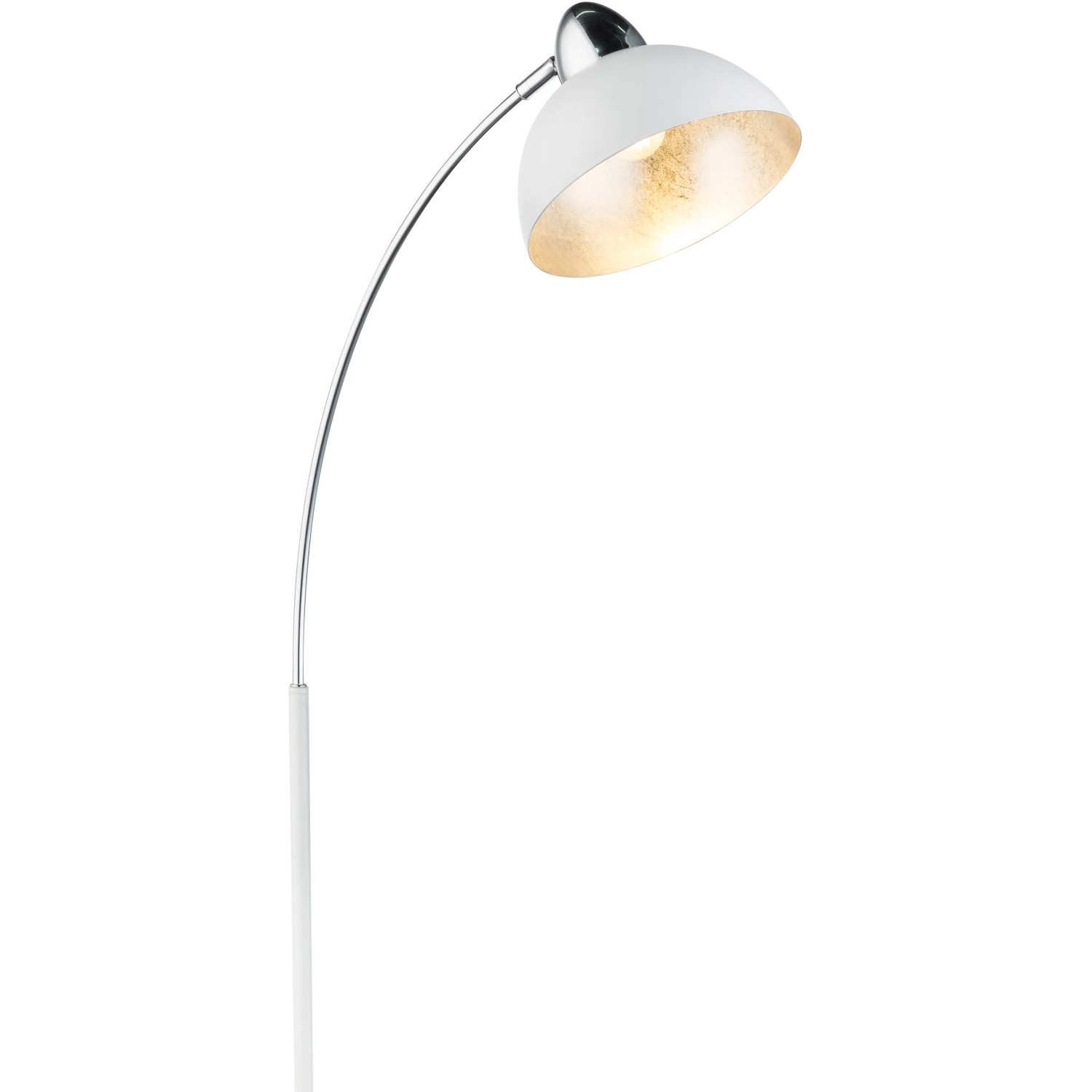 Weiße Globo Stehleuchte Anita im Bogenlampen-Design mit Chrom-Akzenten und E27 Fassung.