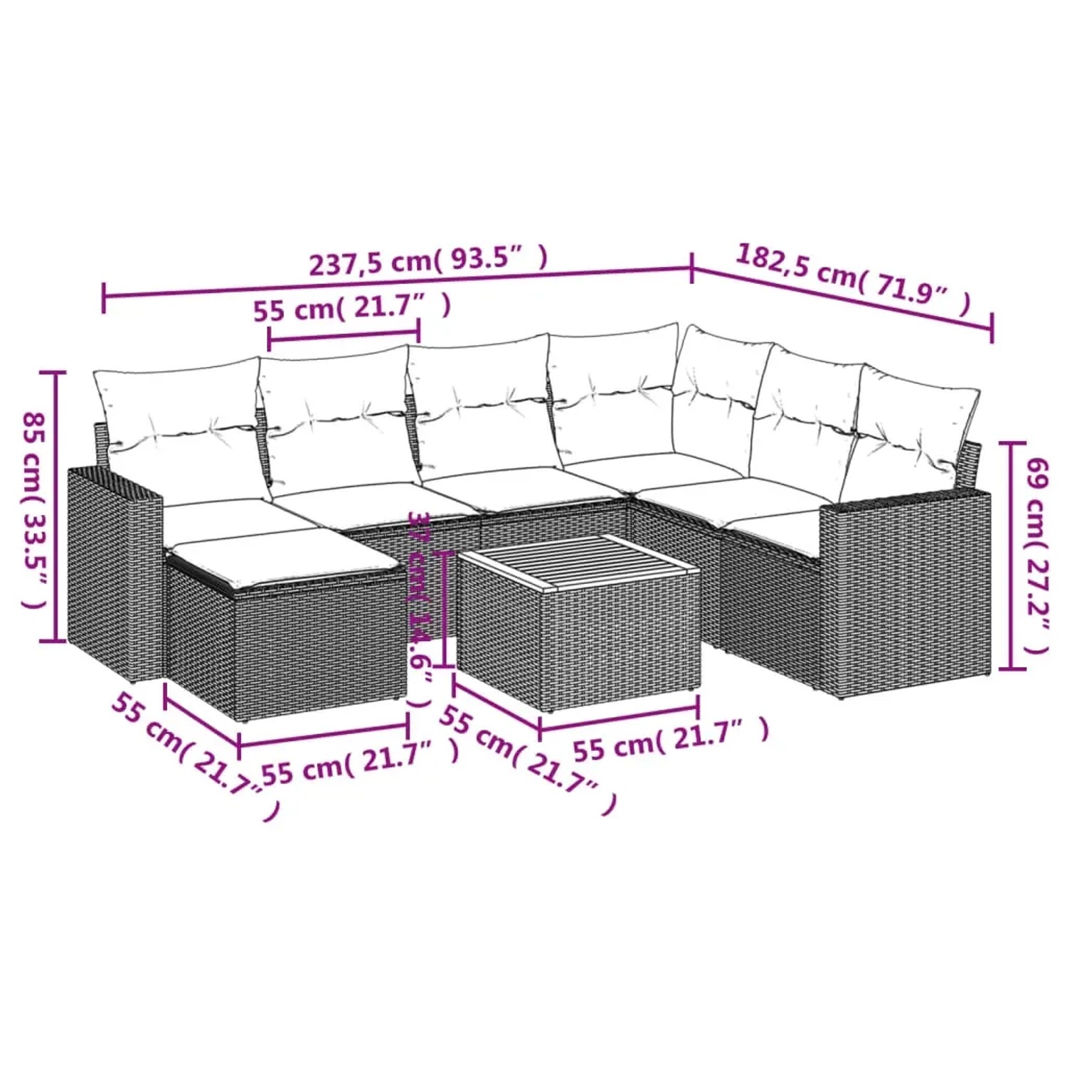 Schwarze 8-tlg. vidaXL Garten-Sofagarnitur aus Polyrattan mit Kissen und Tisch, Maße eingezeichnet.