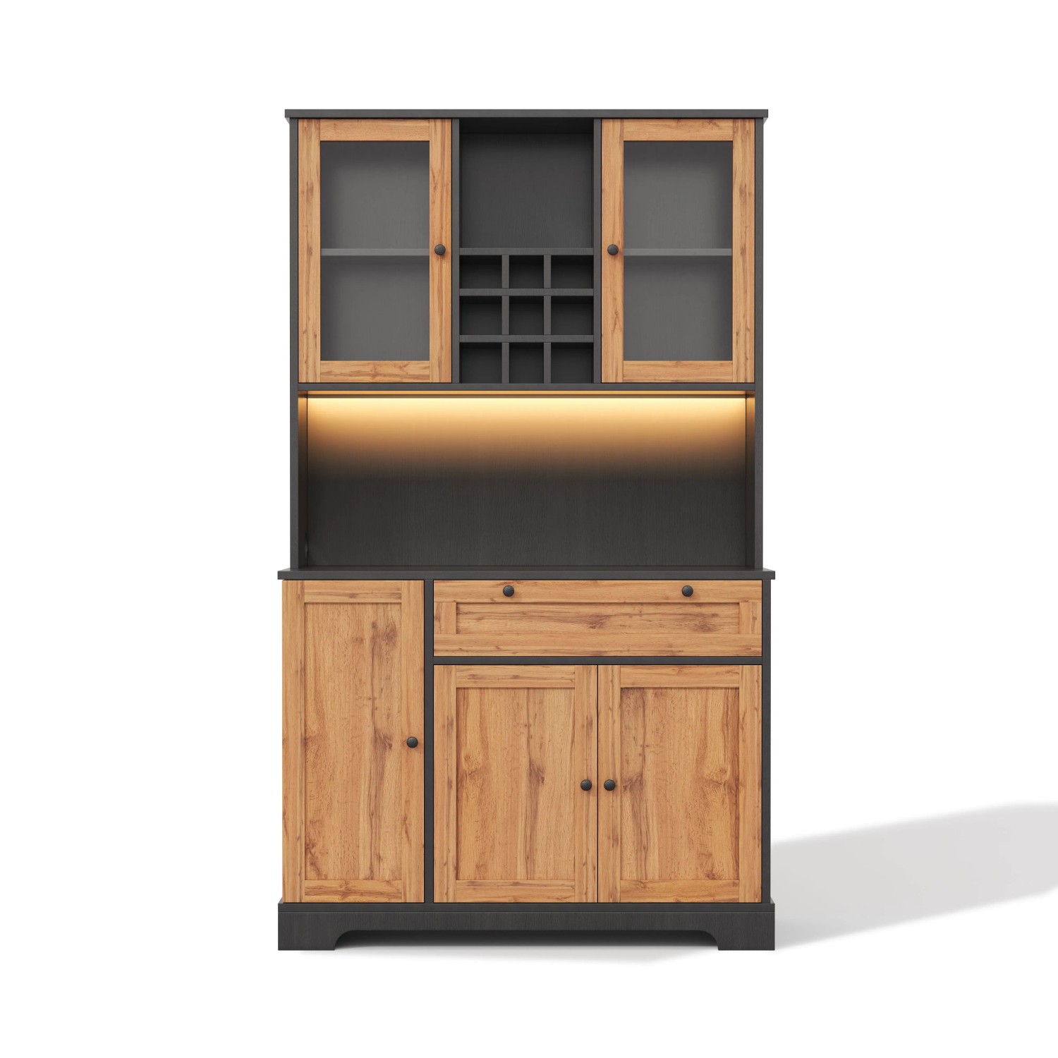 okwish Hochschrank mit LED Beleuchtung Gewürzregal Einlegeböden Steckdose 180x105x40cm Natur