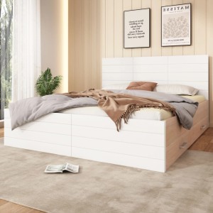 Modernes Holzbett 160x200cm in Weiß-Eiche-Optik mit Matratze und zwei integrierten Schubladen im Schlafzimmer.