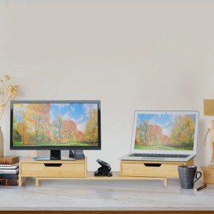 Ausziehbarer Bambus Monitorständer Natur mit 2 Schubladen für Monitor und Laptop auf Schreibtisch. Büro-Organizer.