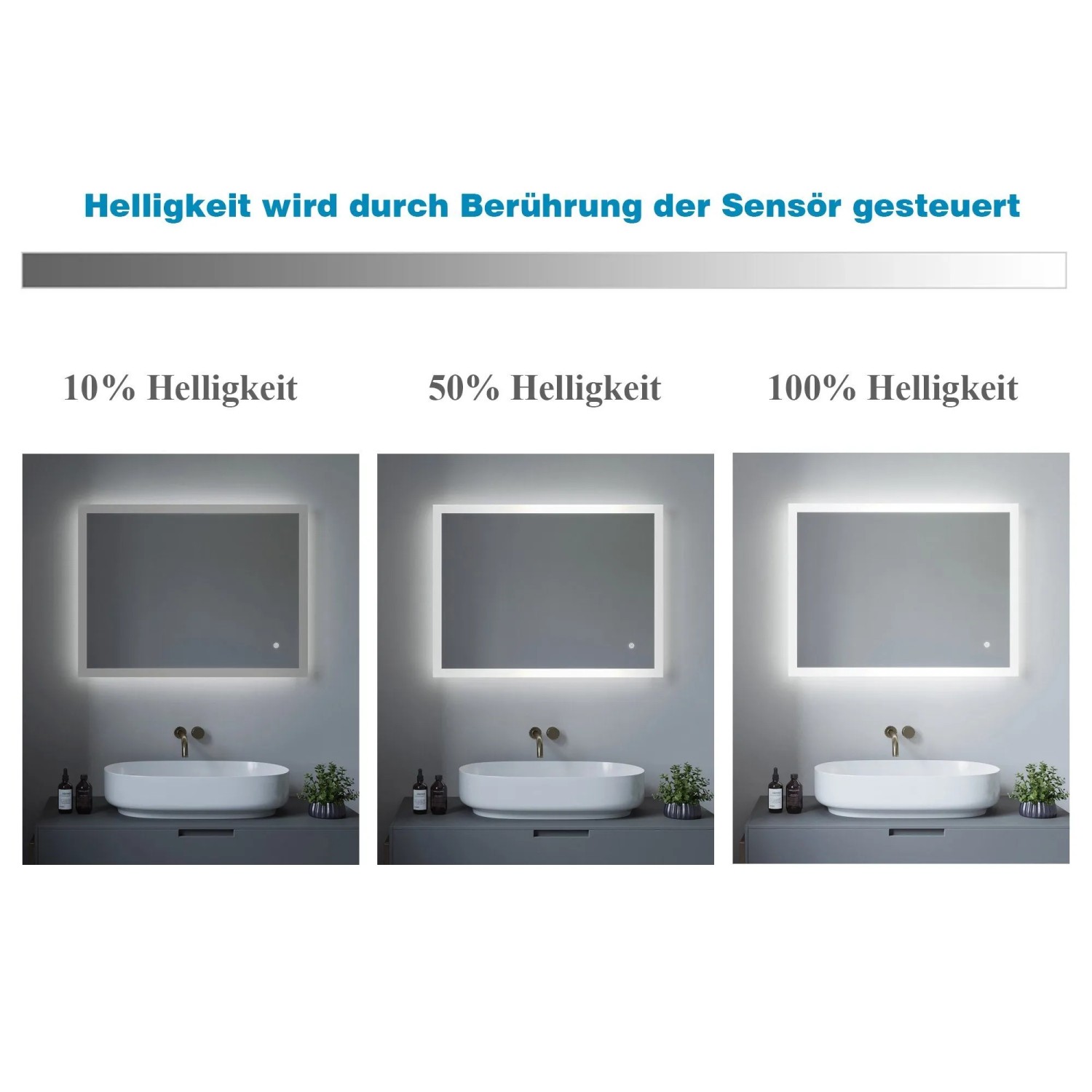 Aquabatos Badspiegel mit dimmbarer LED Beleuchtung in drei Helligkeitsstufen (10%, 50%, 100%).