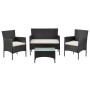 Schwarze Polyrattan Gartenmöbel Sitzgruppe mit cremeweißen Bezügen: Sofa, 2 Sessel, Tisch.