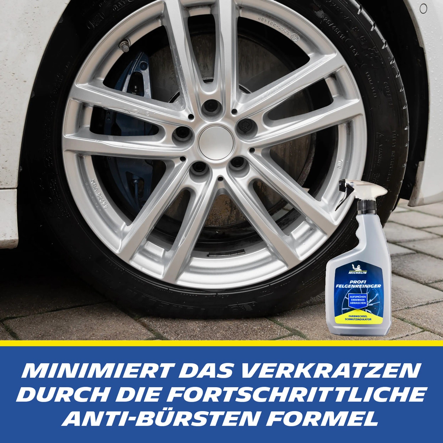 Michelin Profi Felgenreiniger 650ml neben Alufelge. Autopflege für glänzende Felgen.