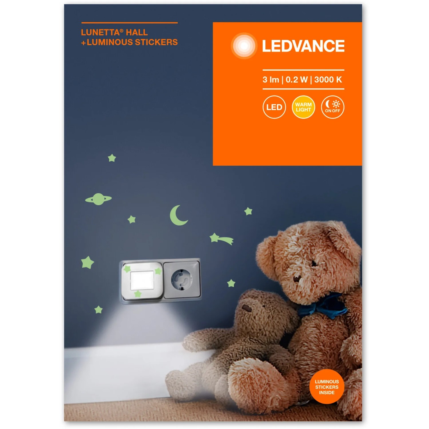 Ledvance LED-Nachtlicht Lunetta Hall mit Aufklebern, warmweißes Licht, neben Teddybären.
