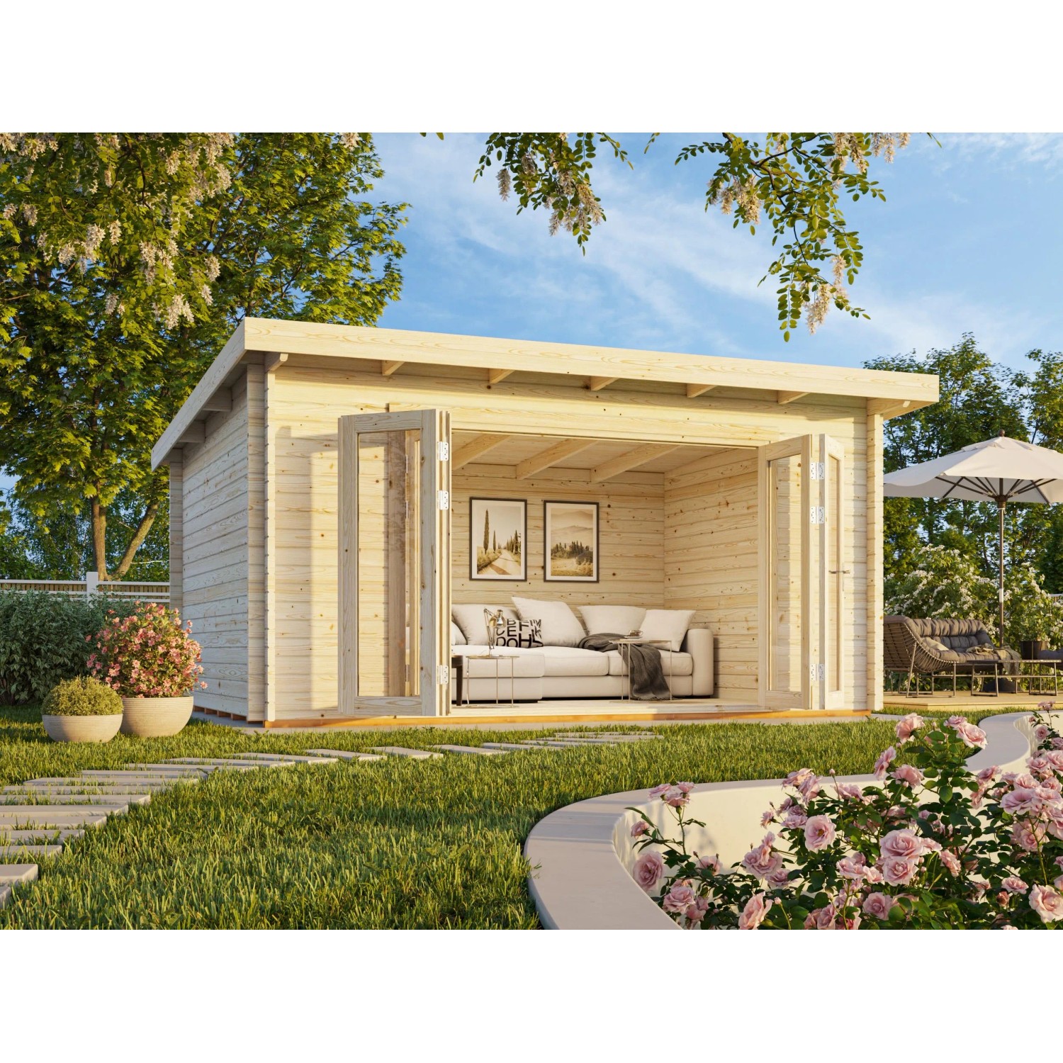 Palmako Lea Holz-Gartenhaus Natur Pultdach Tauchgrundiert 450 cm x 330 cm