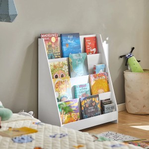 Weißes SoBuy Kinder Bücherregal (KMB32-W) mit 4 Ablagen im Kinderzimmer.