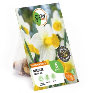 Verpackung GROW by OBI Narzisse Smiling Sun, Blumenzwiebeln mit weißen Blüten und gelber Mitte.
