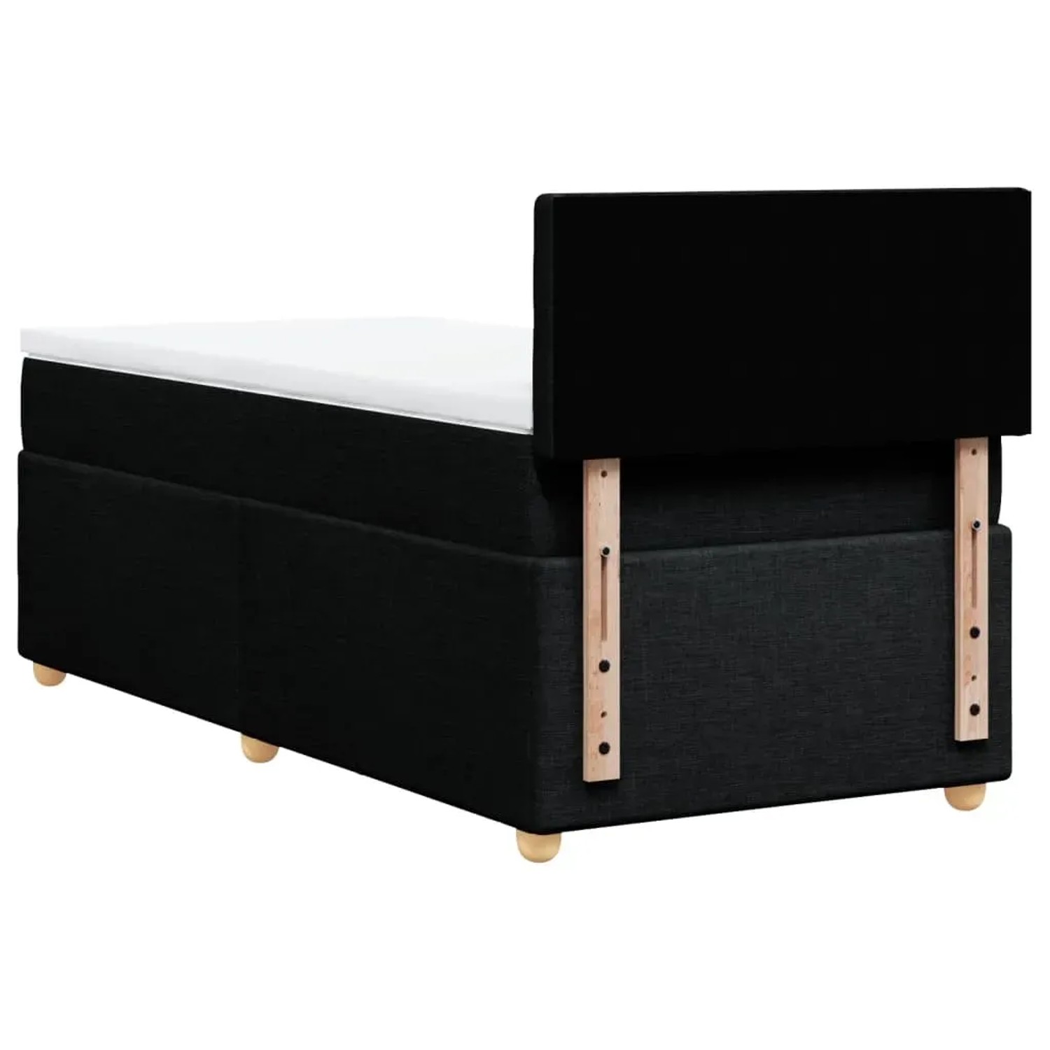 Schwarzes Boxspringbett 100x200 cm mit Matratze und Kopfteil. Bett mit Stoffbezug und Holzfüßen.