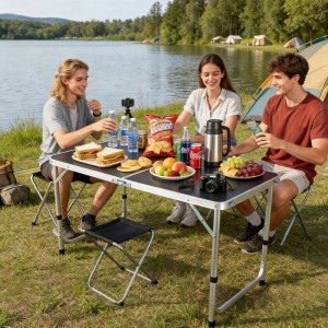 Schwarzer klappbarer Campingtisch aus Aluminium mit 4 Hockern, höhenverstellbar, für Camping & Outdoor.