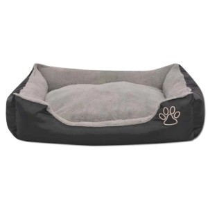 Schwarzes vidaXL Hundebett Größe L mit weichem Kissen und Pfoten-Motiv.