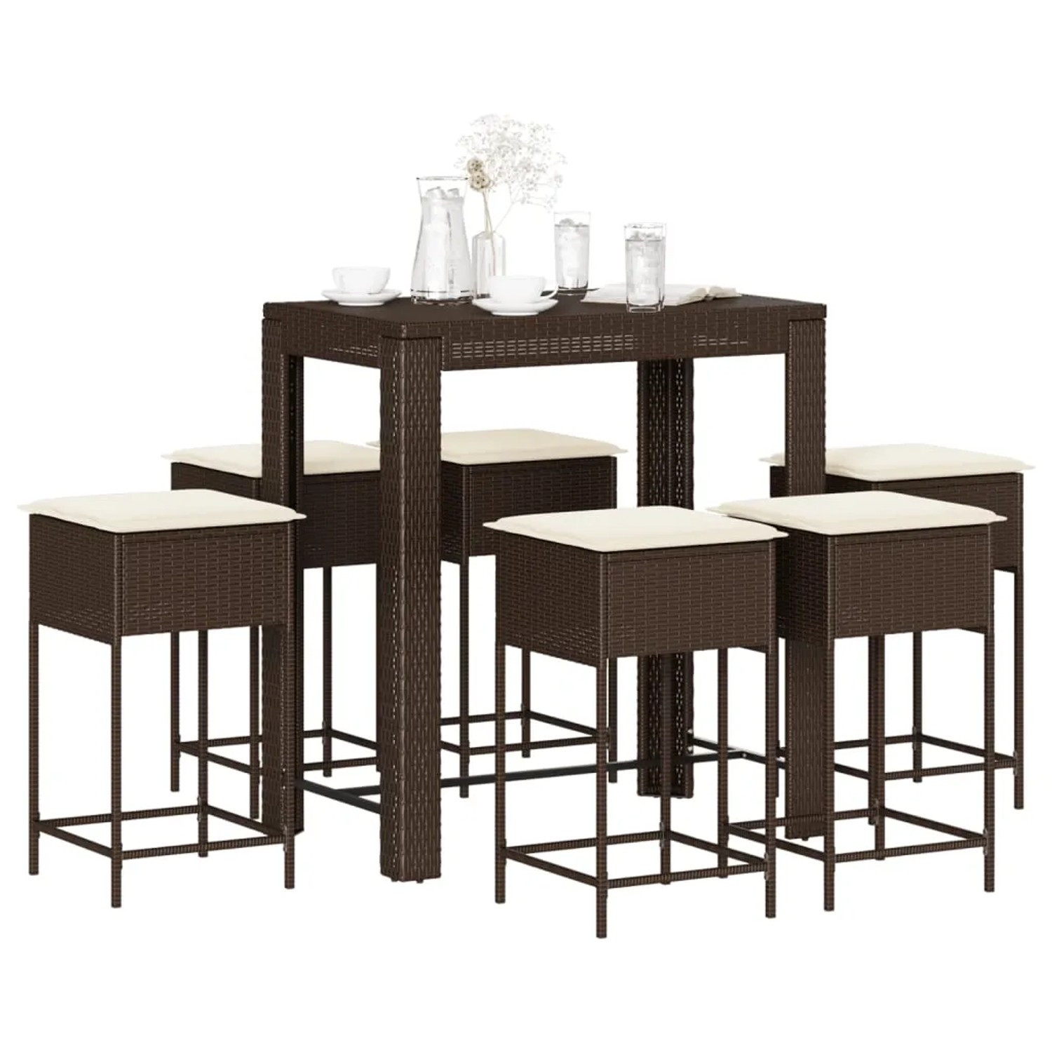 vidaXL 7-tlg Gartenbar-Set mit Kissen Braun Poly Rattan Modell 6