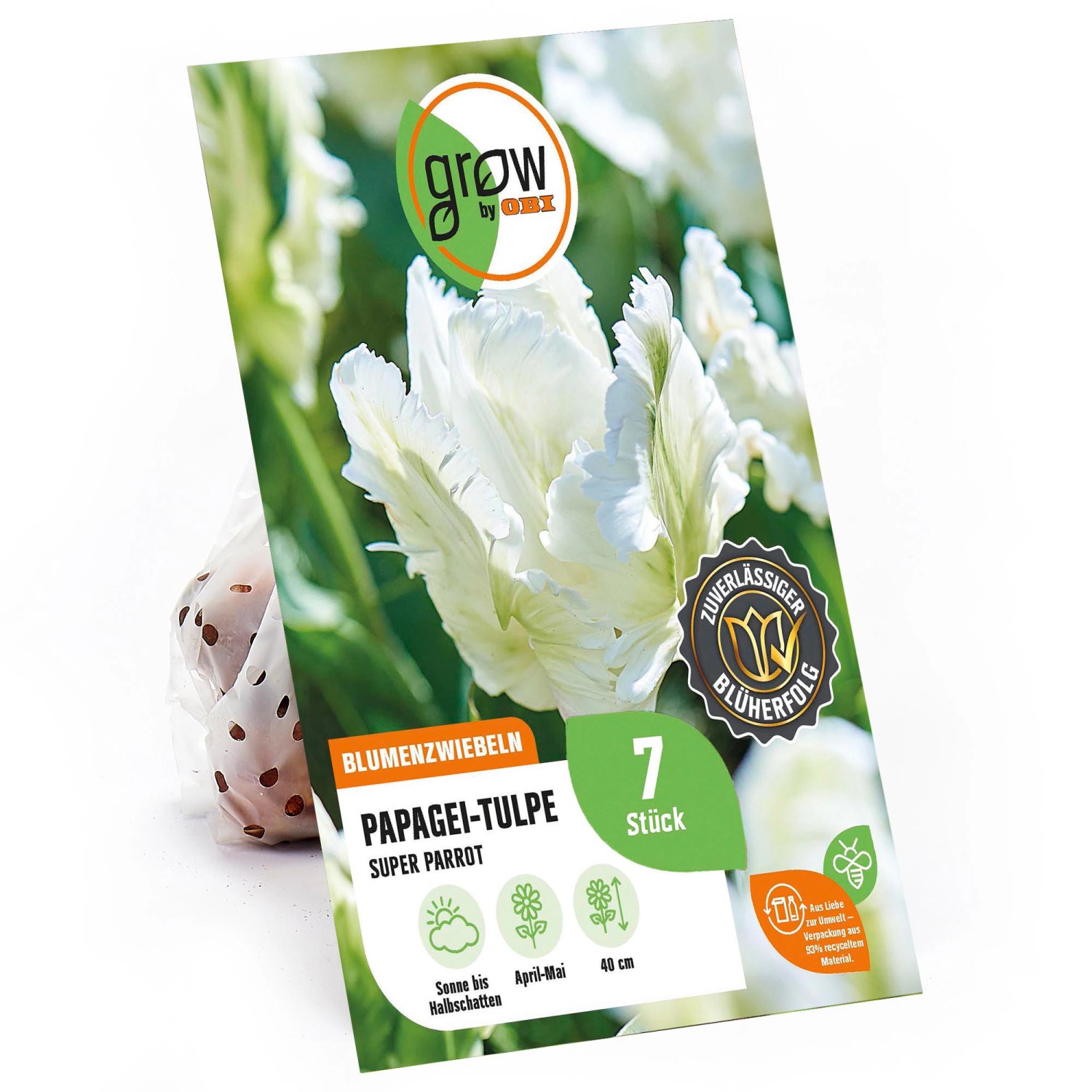 Verpackung mit 7 weißen Papagei-Tulpen Super Parrot Blumenzwiebeln von GROW by OBI.