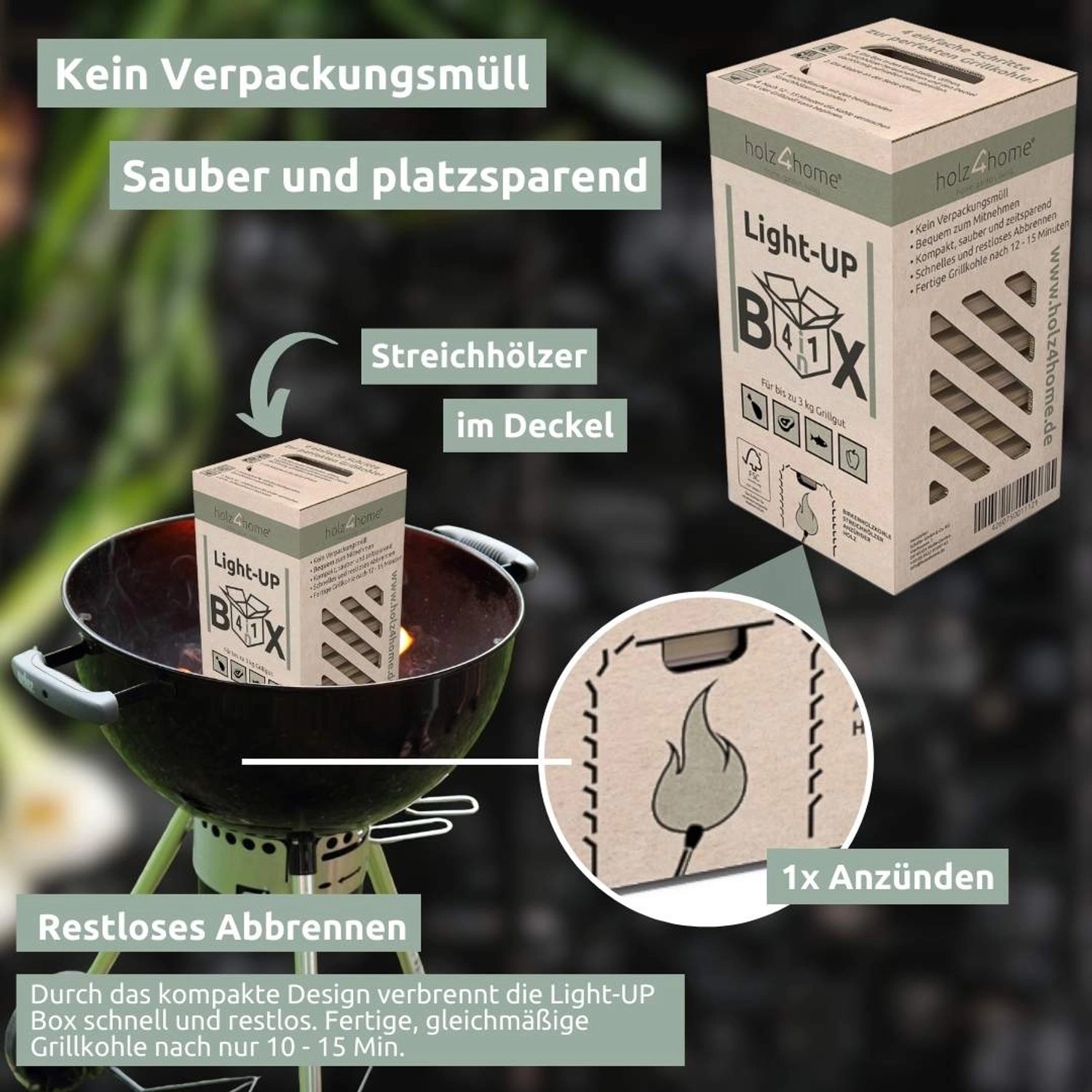 holz4home 6er SET Grillkohle Premium Light UP Box 4in1 Grillanzünder