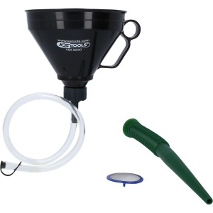 KS TOOLS Universal Trichter Set 3-tlg. aus Kunststoff: schwarzer Trichter, flexibler Schlauch, grüner Einfüllstutzen.