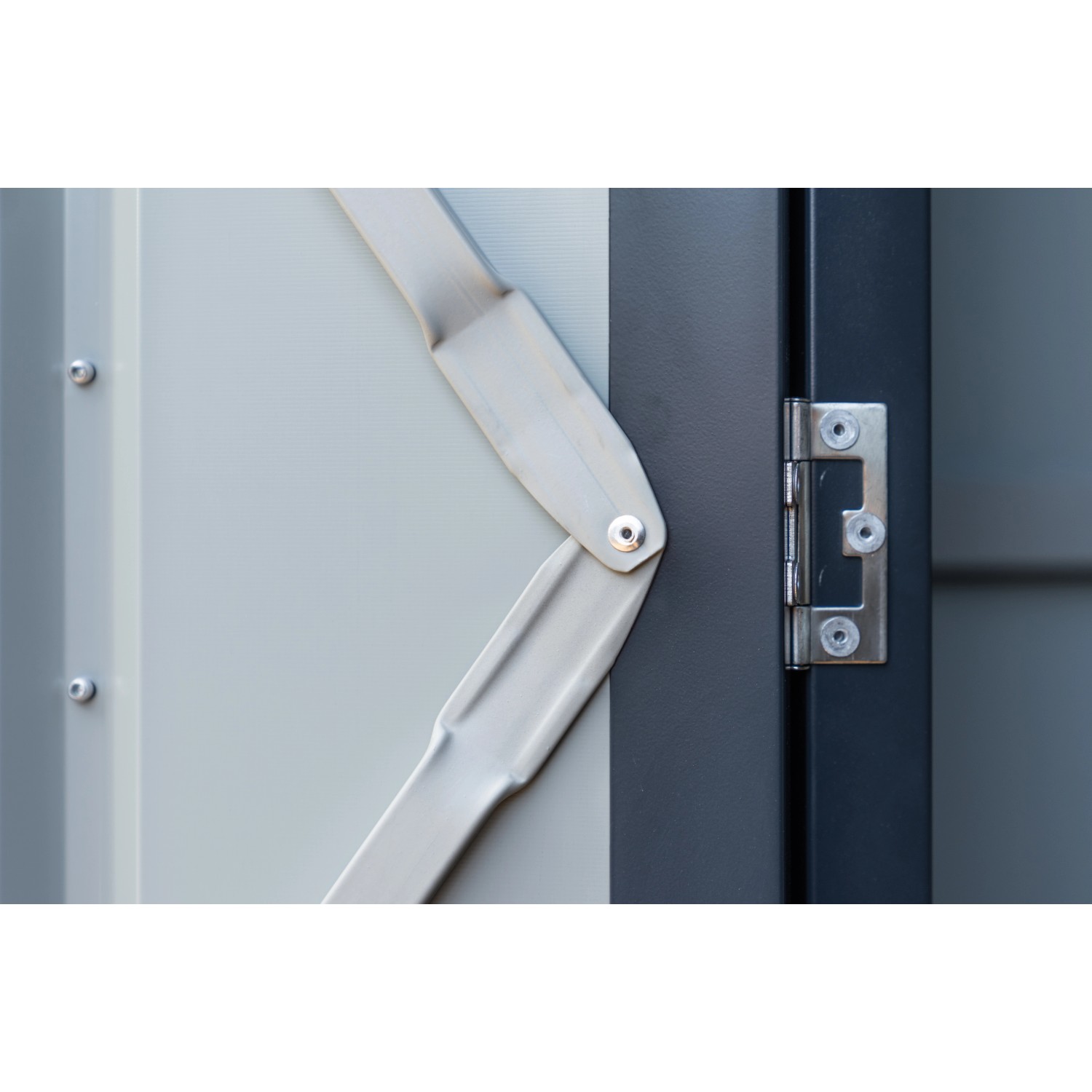 Detailaufnahme: Tür mit Scharnier und Verstrebung des anthrazitfarbenen Globel Lean-To Gerätehauses.