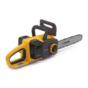 Stiga Akku-Kettensäge CS 300e Set, gelb/schwarz, mit Akkus und Ladegerät.