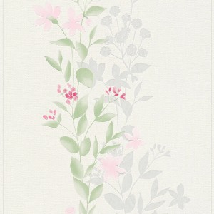 Vliestapete in Weiß-Grün mit rosa Blumen, florale Landhaus Tapete für Wohnzimmer.