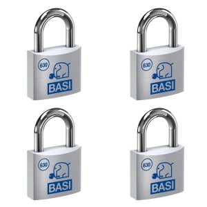 4er Set Basi Vorhangschlösser, 50mm, verschiedenschließend, mit je 2 Schlüsseln und Aluminiumgehäuse.