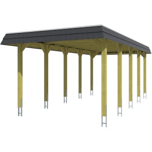 Skan Holz Carport Spreewald mit schwarzer Blende, Holzkonstruktion mit EPDM Dachbahn und 10 Pfosten.