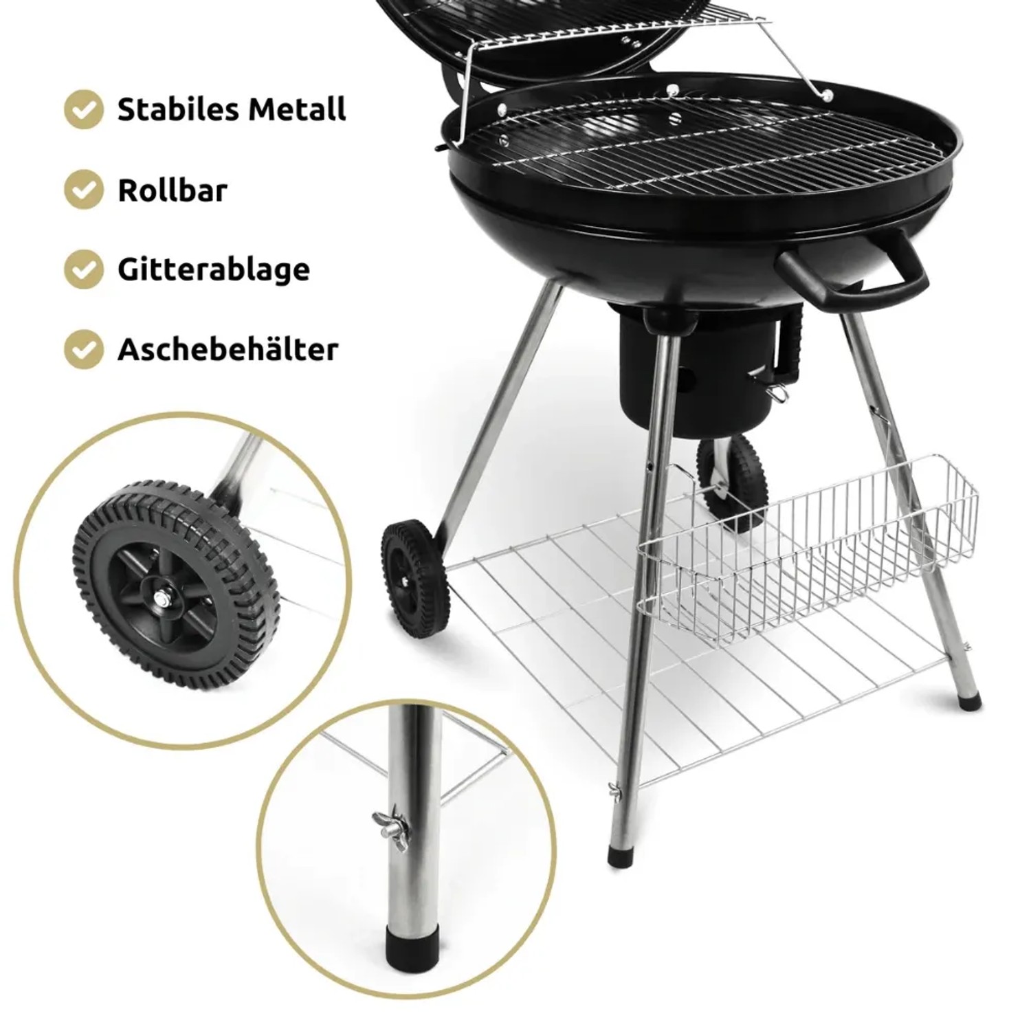 Schwarzer DELUKE Kugelgrill ENNO mit Ablage, Grillwagen mit klappbarem Deckel und Grillhandschuhen.