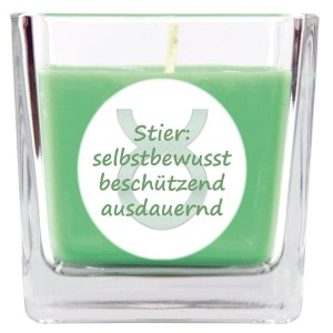 Grüne Duftkerze im Glas mit Sternzeichen Stier und Kokos-Limette Duft.