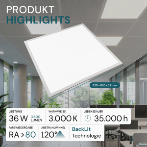 Quadratisches LUXULA LED Panel 62x62 cm, warmweiß, für Büro-Rasterdecke.