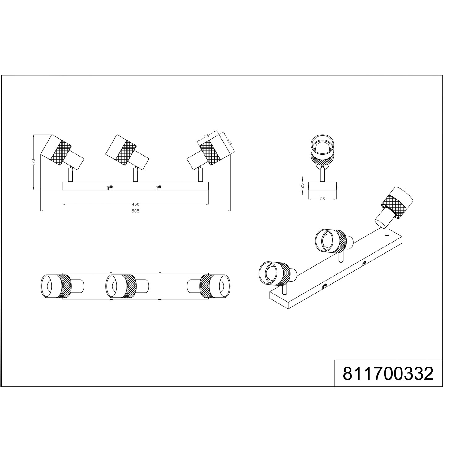 Technische Zeichnung: Trio Spot 3er Nandini, schwarz-matte Deckenleuchte mit drei schwenkbaren Spots.