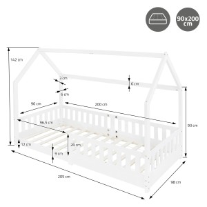 Weißes ML-Design Kinderbett 90x200 cm mit Rausfallschutz und Dach, Tipi-Bett für Kinder.