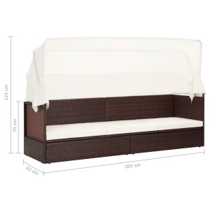Braunes VidaXL Gartensofa mit Sonnendach aus Polyrattan und cremeweißen Kissen.