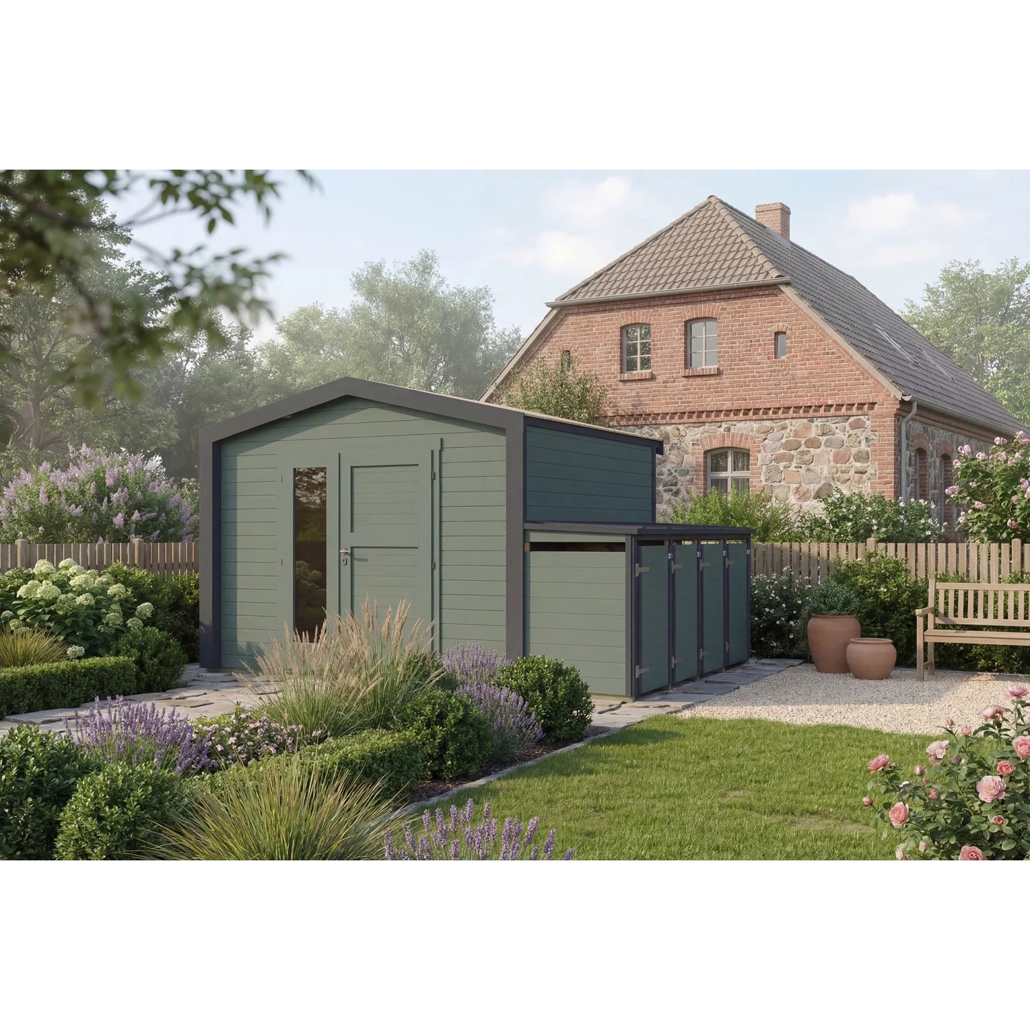 Weka Holz-Gartenhaus Killarney Satteldach Grau-Grün Lasiert 401 cm x 311 cm