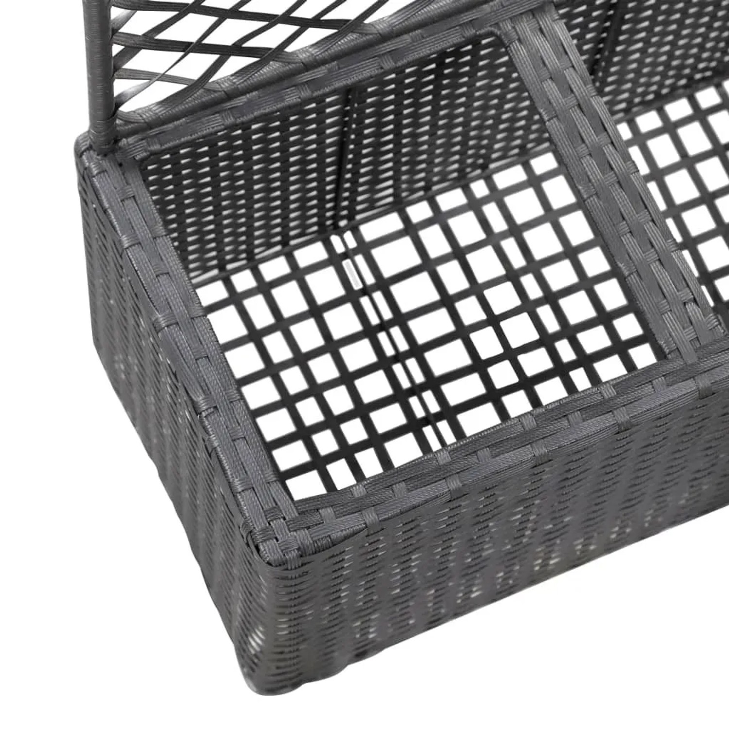 Detailaufnahme des schwarzen DELUKE Rankkasten Pflanzgefäß aus Rattan mit 2 Töpfen und Rankgitter.