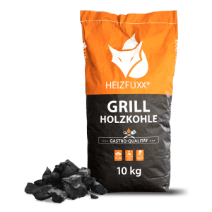 Orange-schwarzer Heizfuxx Grillholzkohle 10kg Sack Gastro-Qualität mit Hartholz-Kohle daneben.